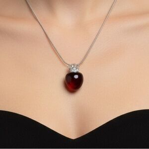 Cherry red sterling Silver and Red Heart Pendant Necklace